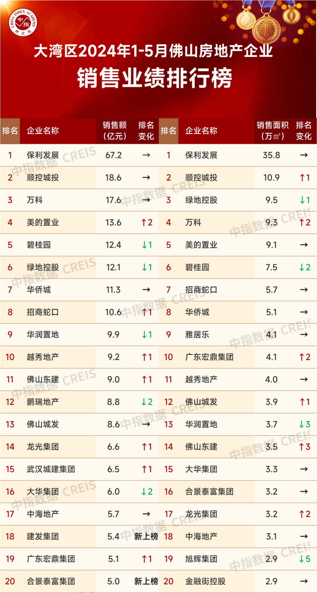 大湾区2024年1-5月佛山房地产企业销售业绩TOP20